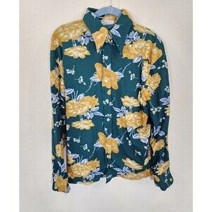 Vintage 70s Spiegel Floral Disco Shirt L Nylon Dagger Collar Green Yellow Boho